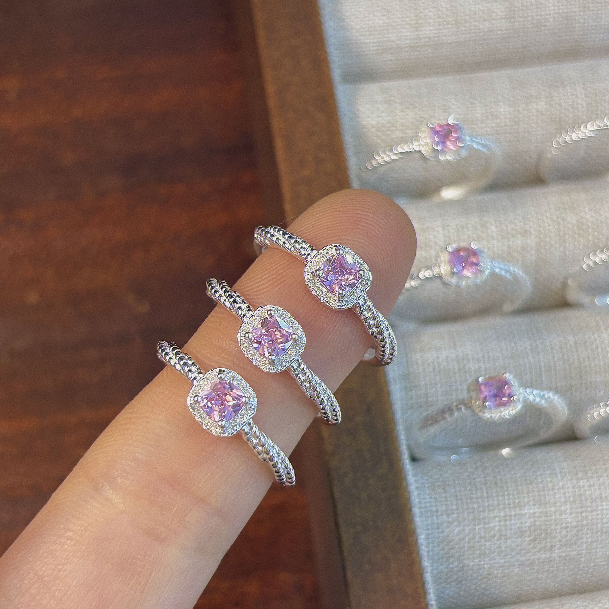 Pink Cushion Cut CZ Sterling Silver Ring | Halo Pave Twisted Band