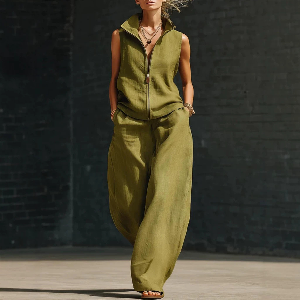 Sleeveless Stand Collar Linen Cotton Two-Piece Set | Relaxed Fit