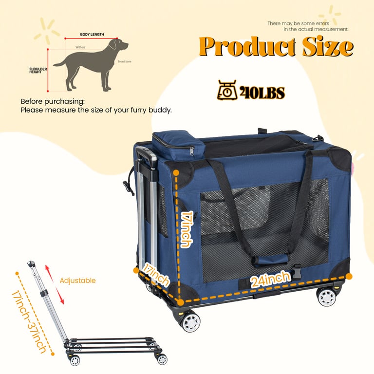 2 In 1, 24   Collapsible Travel Dog Crate For Medium Large Dogs, Rolling Pet Carrier With Wheels, 3-Door Portable Folding Pet Kennel With Mesh Windows, Indoor Outdoor Travel Use, Dark Blue thumbnail 12