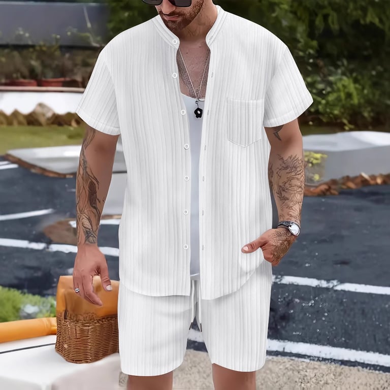 Men's Casual Stand Collar Ribbed Shirt & Shorts Set | Two-Piece thumbnail 1