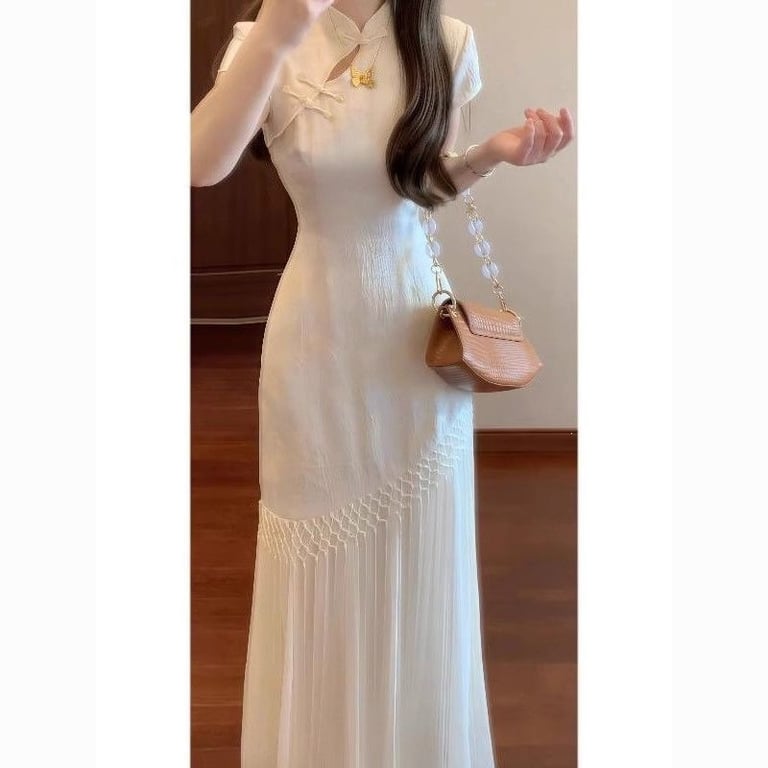 Chinese-Style Cheongsam Dress for Women | Elegant Cream Qipao thumbnail 3