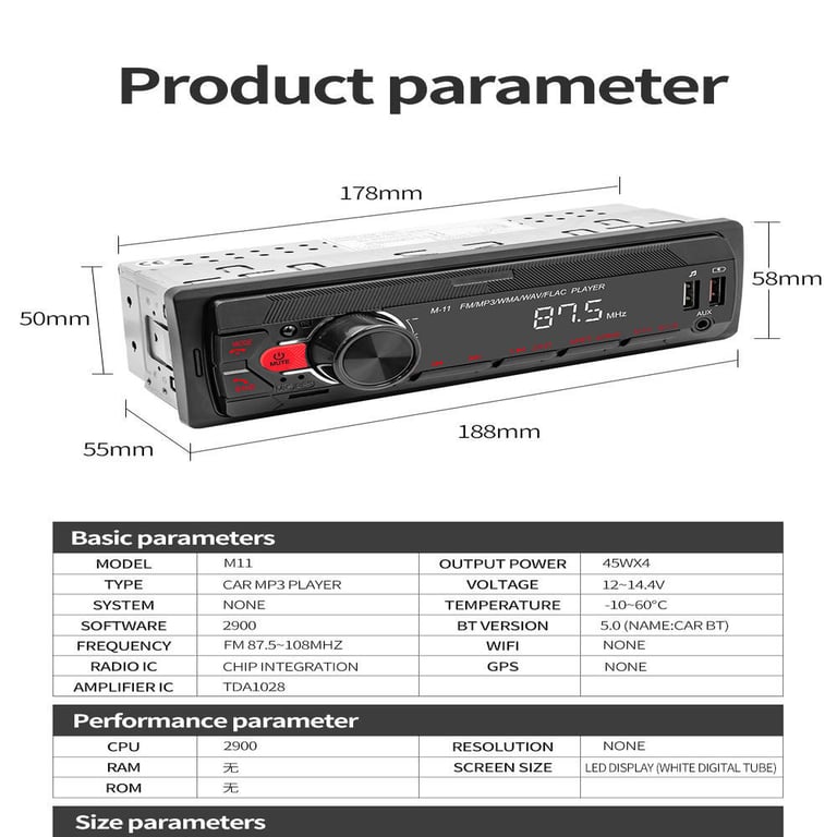 Single Din with Android Auto Bluetooth Car Stereo MP3 Player | USB SD AUX