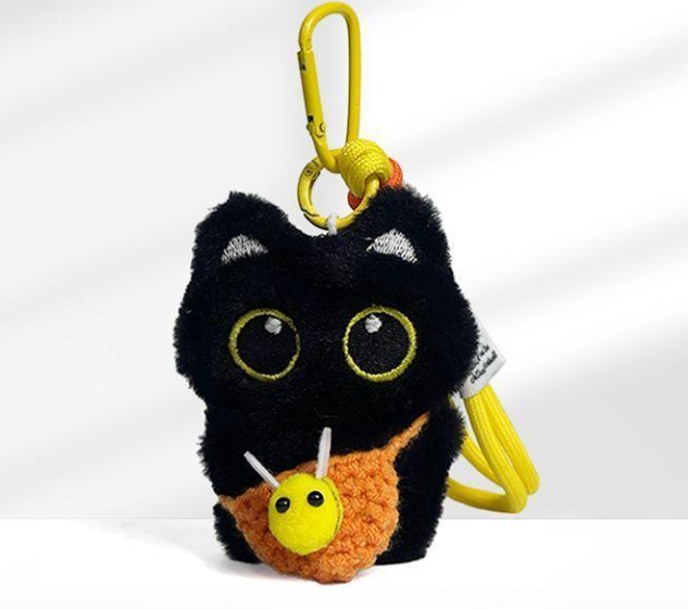 Black Cat Pendant Keychain with Bee Bib | Cute Plush Charm thumbnail 7