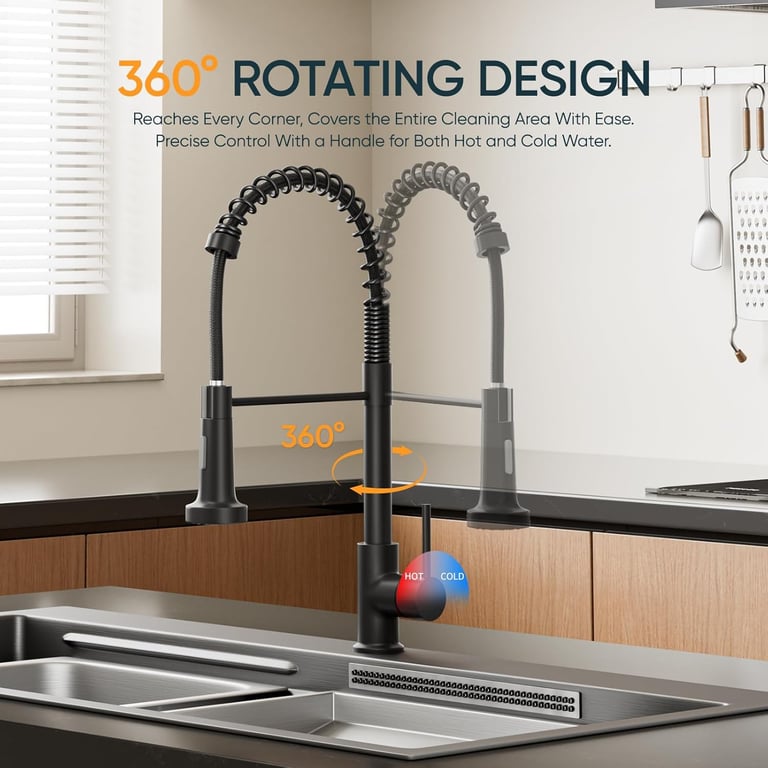Matt Black Monobloc Kitchen Sink Mixer Tap | Pull-Out Hose Spray thumbnail 5