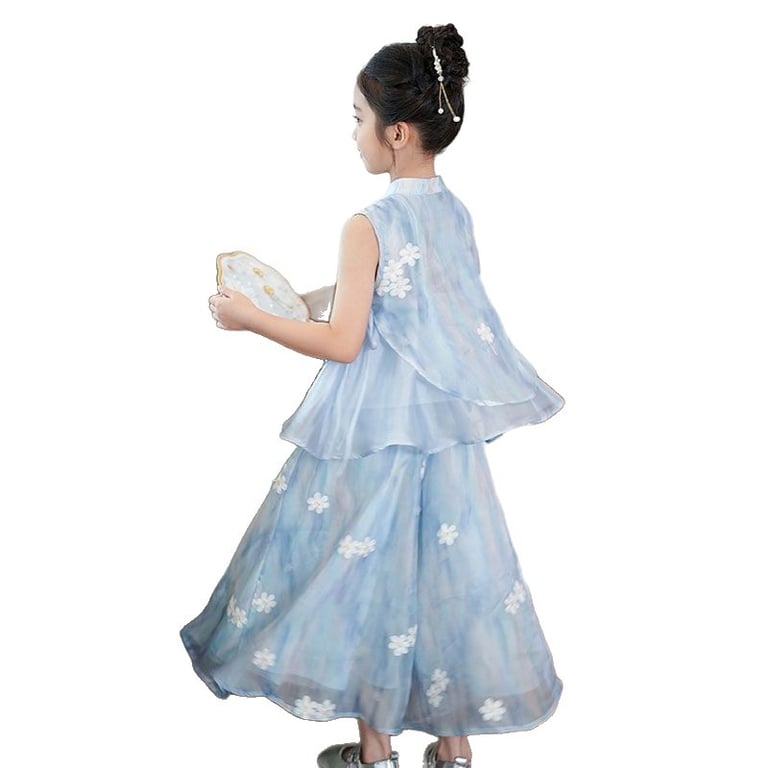 Girls' Blue Floral Two-Piece Vest Top Set | Chinese-Inspired thumbnail 2