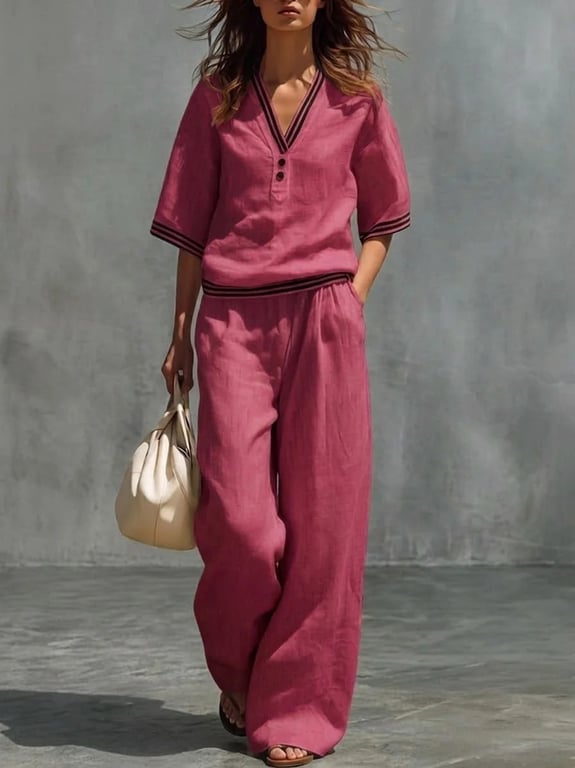 Cotton-Linen V-Neck Shirt & Pants Set | Casual Comfort thumbnail 20