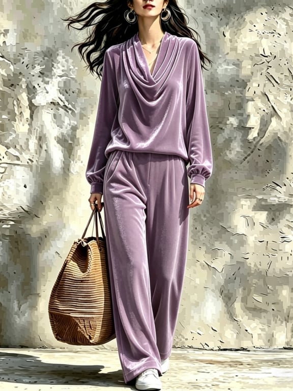 Women's Fall Winter Drop-Shoulder Velvet Top & Straight-Leg Pants Set thumbnail 17