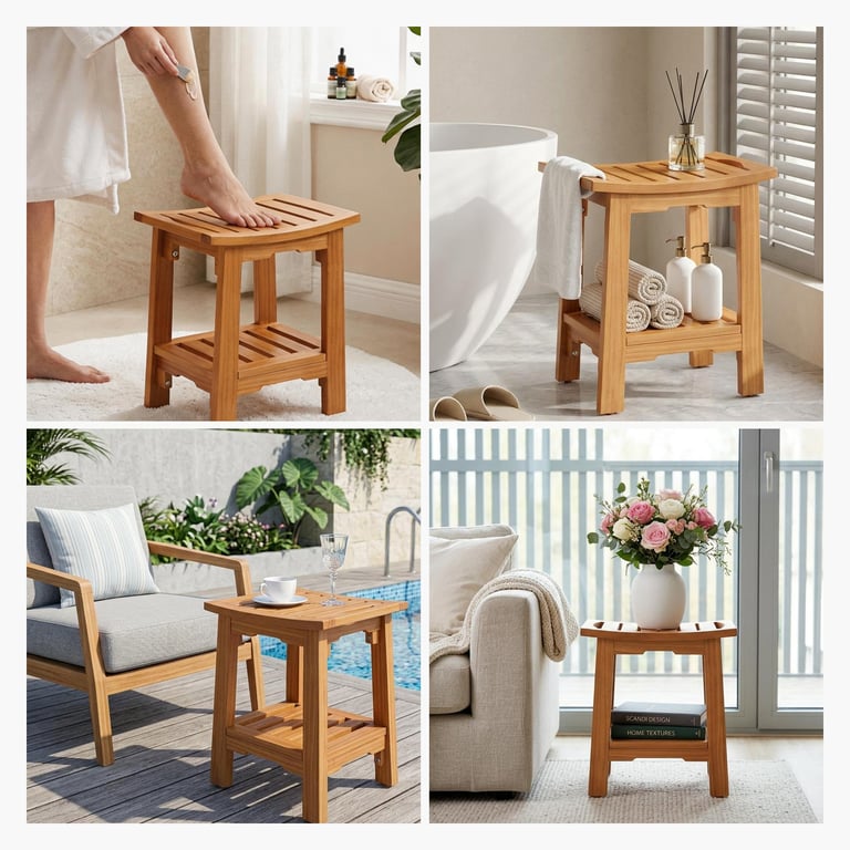18-Inch Solid Wood Bathroom Stool with Shelf | Shower & Vanity thumbnail 5