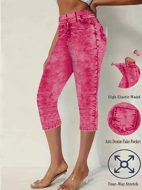 Denim-Look High-Stretch Capri Leggings | Summer High-Waisted Tight-Fit thumbnail 6