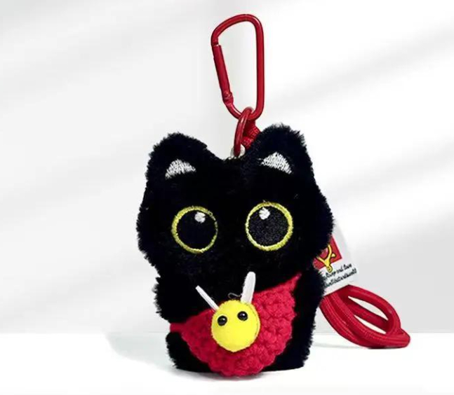 Black Cat Pendant Keychain with Bee Bib | Cute Plush Charm thumbnail 10
