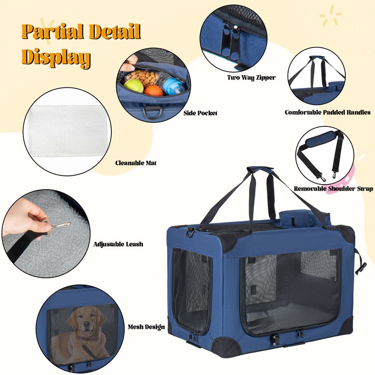 40   Soft Dog Crates Kennel, 3-Door Portable Folding Pet Carrier With Mesh Windows, Straps And Fleece Mat For Dogs, Cats, Rabbits, Meeting The Needs For Indoor, Outdoor, And Travel Use, Dark Blue thumbnail 8
