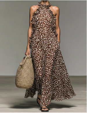 Women's Brown Speckled Maxi Dress with Ruffled Halter | Pockets thumbnail 3
