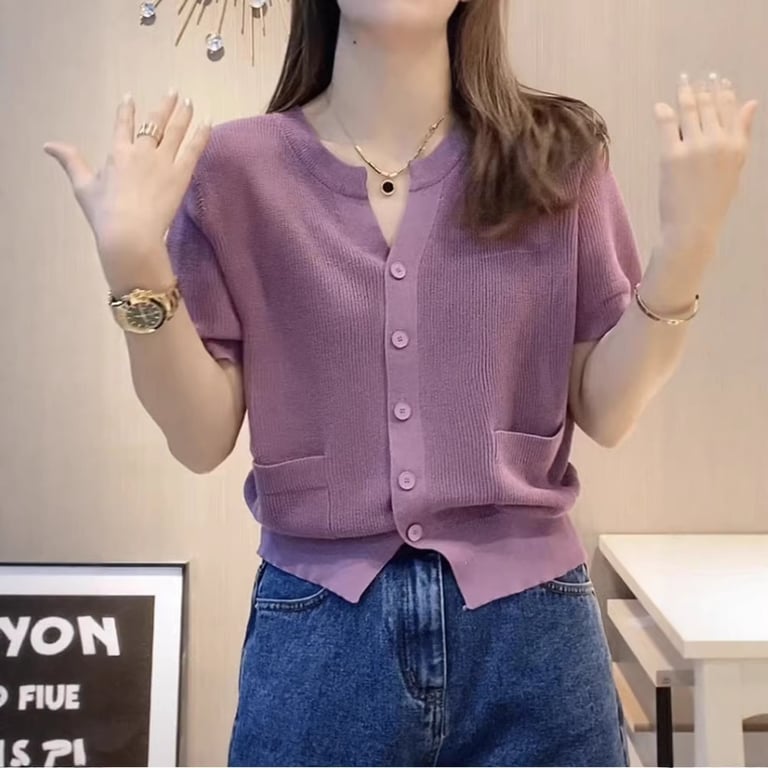 Women's V-Neck Ice-Silk Knitted T-Shirt Top | Breathable Blue Cardigan thumbnail 7
