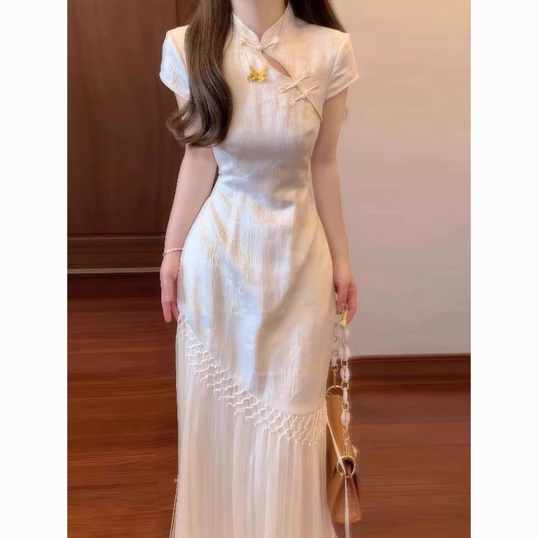 Chinese-Style Cheongsam Dress for Women | Elegant Cream Qipao thumbnail 5