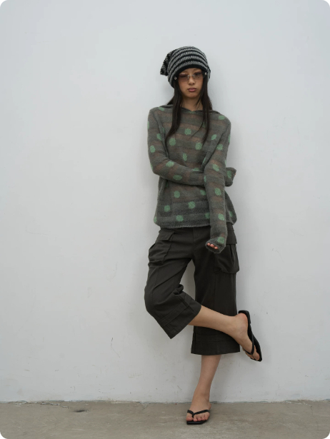 Korean-Style Retro Hollow-Out Hooded Knit Top | Polka Dot