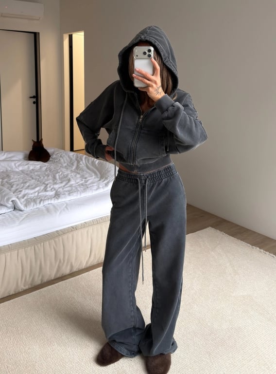 Women's Washed Hoodie Two-Piece Set | Cropped Hoodie & Wide-Leg Pants thumbnail 8