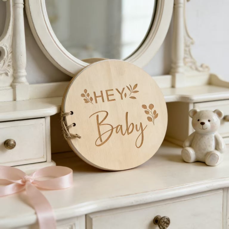 Round Wooden Hey Baby Guest Book | Laser Engraved Floral Signature Book thumbnail 4