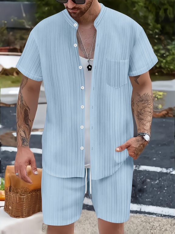 Men's Casual Stand Collar Ribbed Shirt & Shorts Set | Two-Piece thumbnail 5