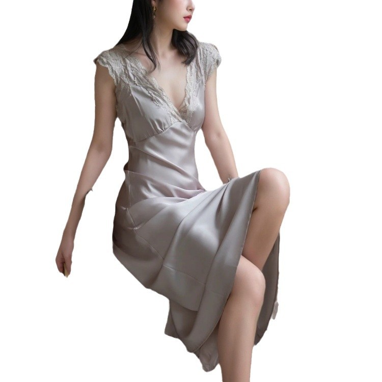Slim-Fit French-Style Ice-Silk Long Nightgown | Lace Trim - image 1
