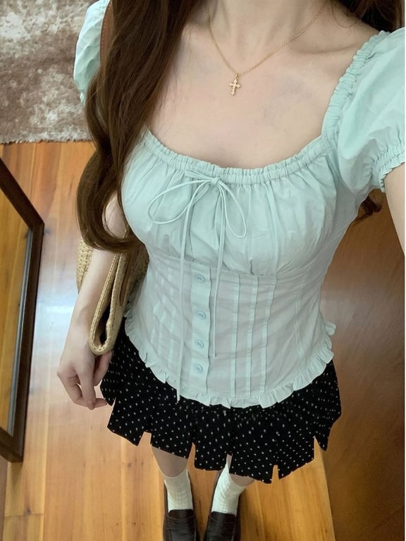 Ice-Blue Square-Neck Bubble-Sleeve T-Shirt | Cottagecore Style Top thumbnail 7