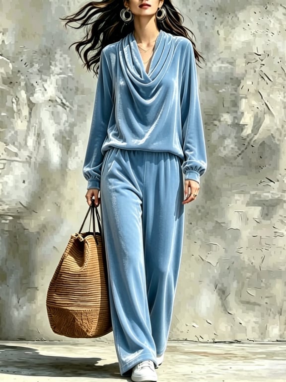 Women's Fall Winter Drop-Shoulder Velvet Top & Straight-Leg Pants Set thumbnail 14