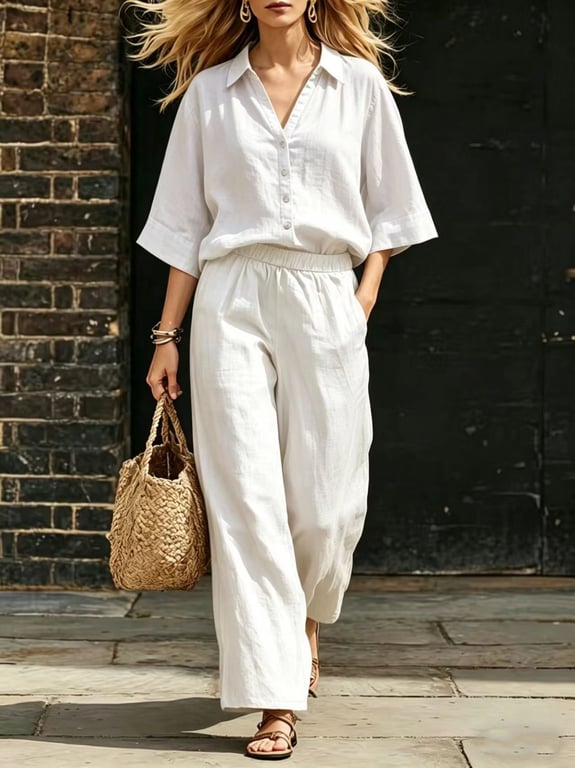 Women's Linen Two-Piece Set | Short-Sleeve Shirt & Loose Pants thumbnail 16
