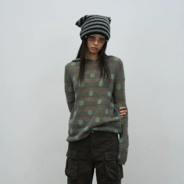 Korean-Style Retro Hollow-Out Hooded Knit Top | Polka Dot thumbnail 4