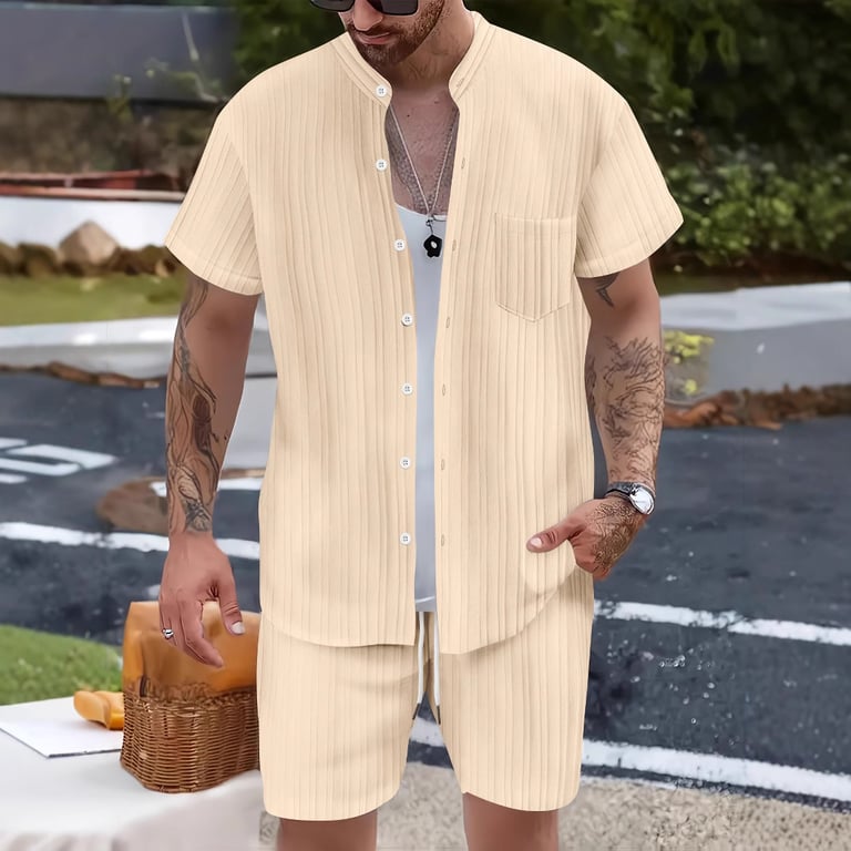 Men's Casual Stand Collar Ribbed Shirt & Shorts Set | Two-Piece thumbnail 4