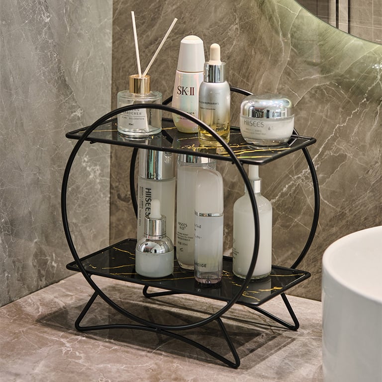 Double-Layer Bathroom Storage Organizer | Marble Caddy with Metal Frame thumbnail 8