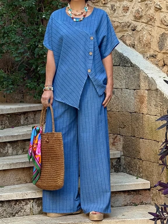 Striped Two-Piece Set | Asymmetrical Shirt & Loose Pants for Women thumbnail 11