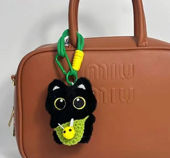 Black Cat Pendant Keychain with Bee Bib | Cute Plush Charm thumbnail 8