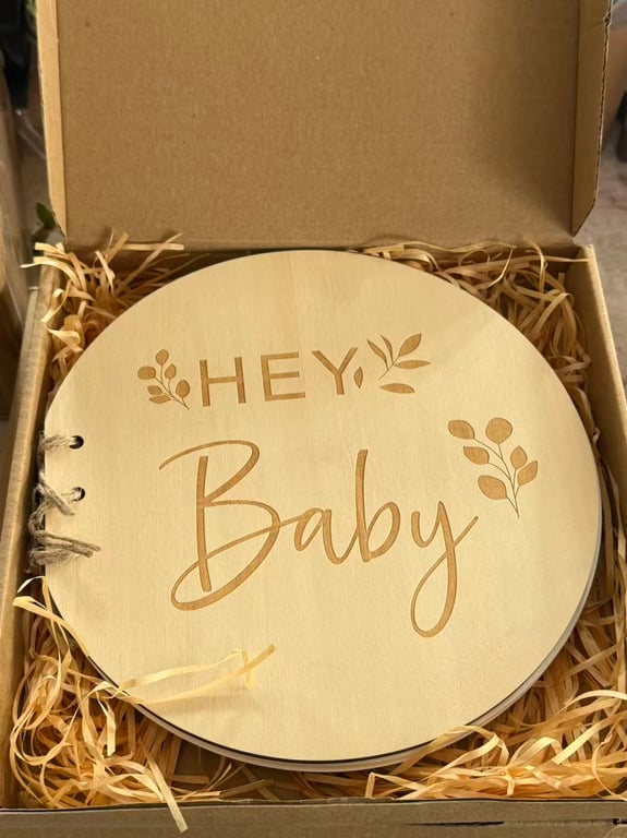 Round Wooden Hey Baby Guest Book | Laser Engraved Floral Signature Book thumbnail 6