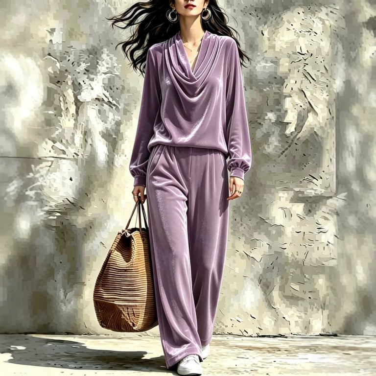 Women's Fall Winter Drop-Shoulder Velvet Top & Straight-Leg Pants Set thumbnail 2