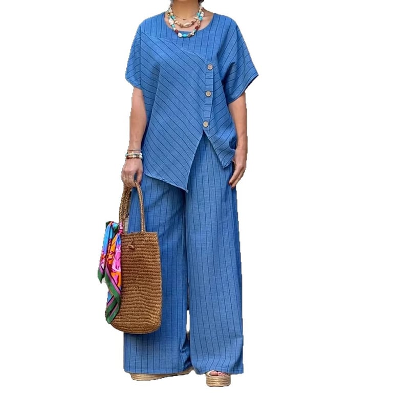 Striped Two-Piece Set | Asymmetrical Shirt & Loose Pants for Women