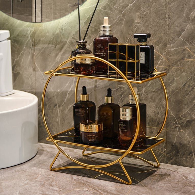 Double-Layer Bathroom Storage Organizer | Marble Caddy with Metal Frame thumbnail 10
