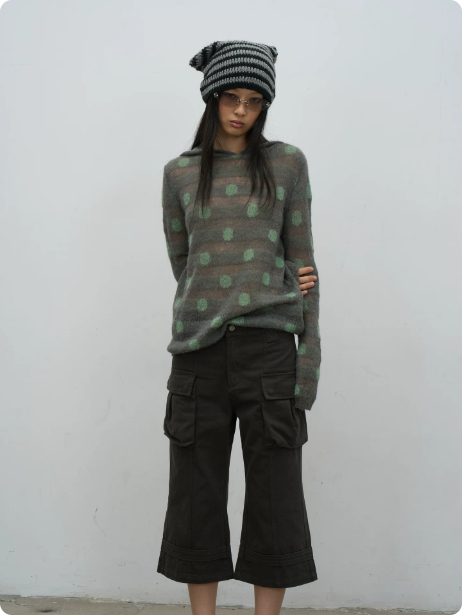 Korean-Style Retro Hollow-Out Hooded Knit Top | Polka Dot thumbnail 2