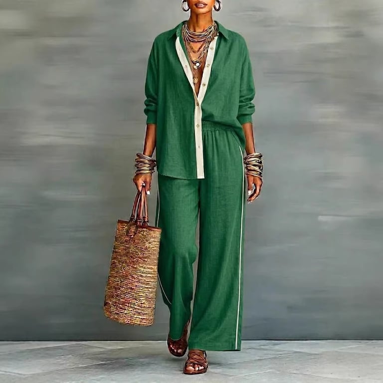 Women's Contrast-Color Casual Loose Pants Two-Piece Set | Comfy thumbnail 12