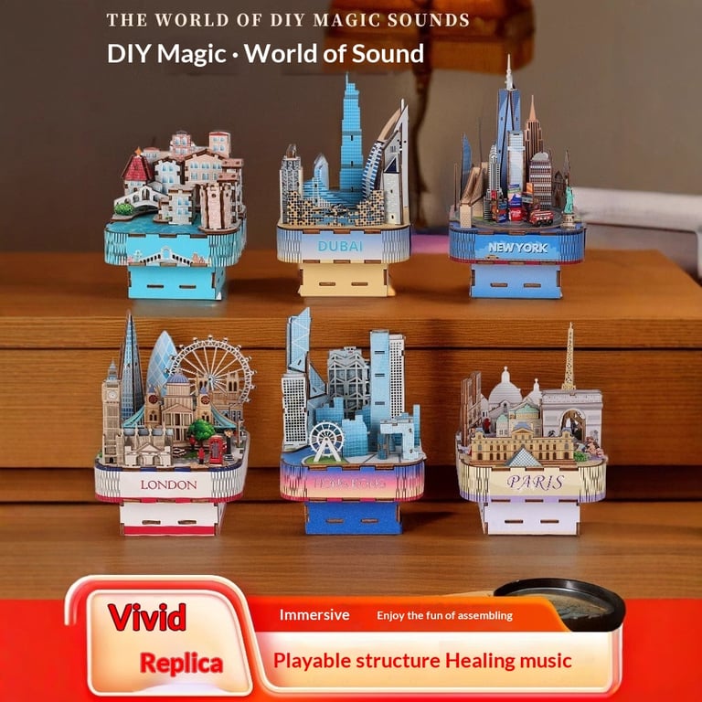 3D Wooden Puzzle Music Box | Handmade City Skyline Model thumbnail 5