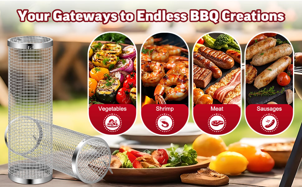 Rolling Grill Basket 304 Stainless Steel | BBQ Grilling Accessories thumbnail 1