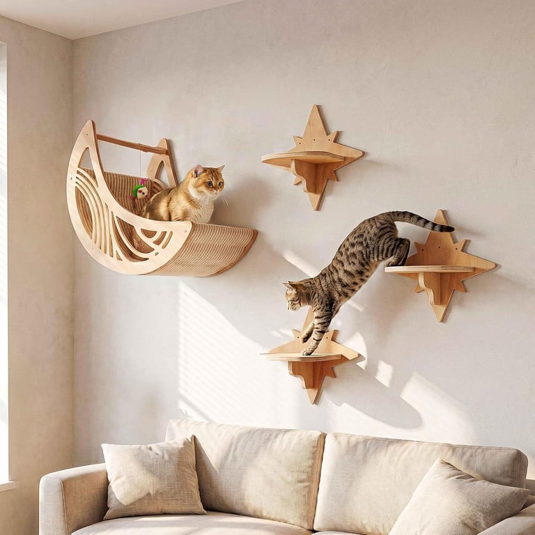 Wooden Star And Moon Hammock Cat Wall Set | Home & Kitchen Pet Furniture thumbnail 13