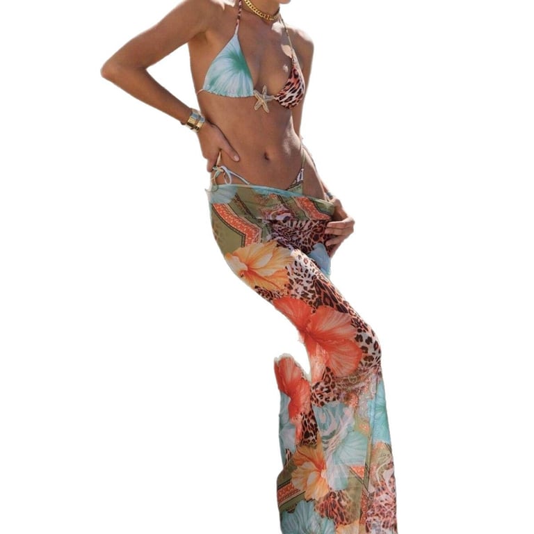 Floral Triangle Bikini Three-Piece Set with Sheer Maxi Cover-Up | Quick-Dry thumbnail 1