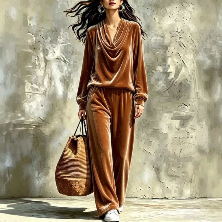 Women's Fall Winter Drop-Shoulder Velvet Top & Straight-Leg Pants Set thumbnail 5