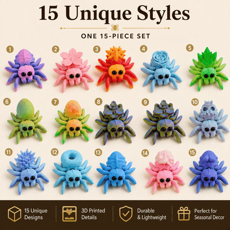 15PCS 3D Printed Mini Spider Figurine Set | Cute Halloween Desk Organizer thumbnail 1