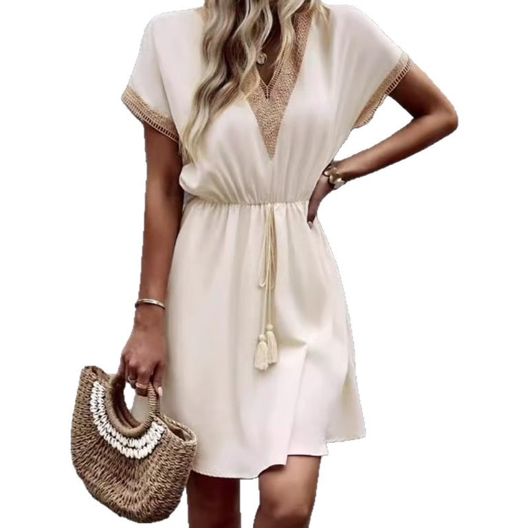 Lace-Trimmed V-Neck Waist-Cinching Dress | Casual Women's Fashion thumbnail 1