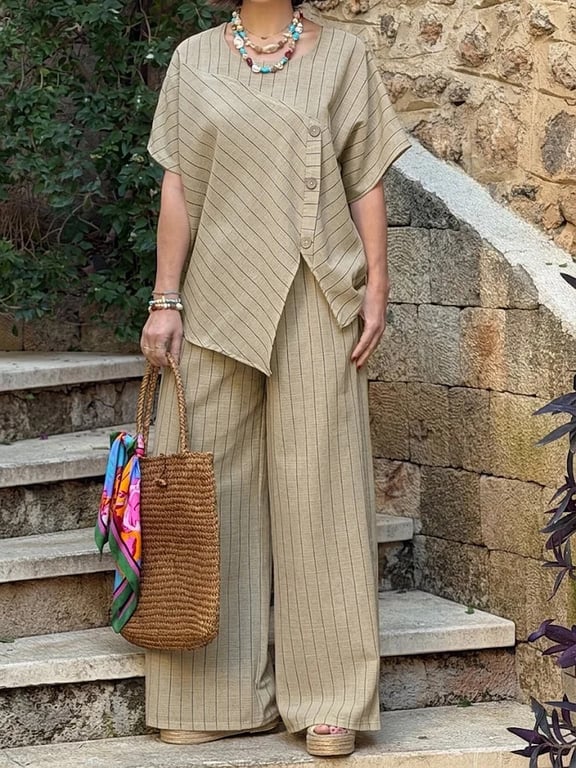 Striped Two-Piece Set | Asymmetrical Shirt & Loose Pants for Women thumbnail 7