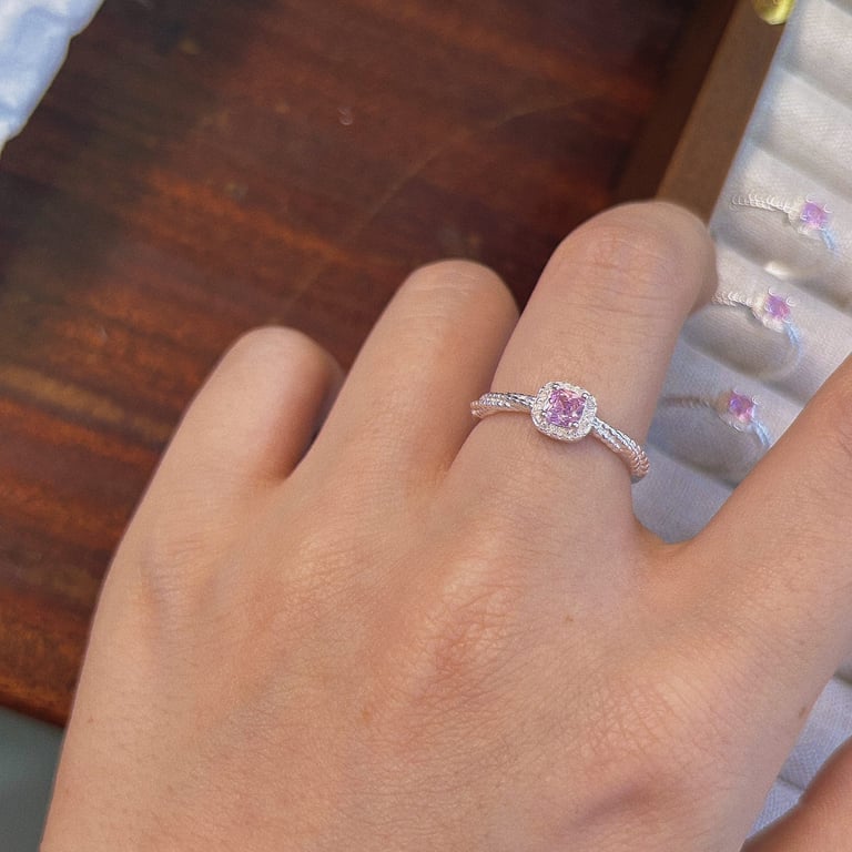 Pink Cushion Cut CZ Sterling Silver Ring | Halo Pave Twisted Band thumbnail 4