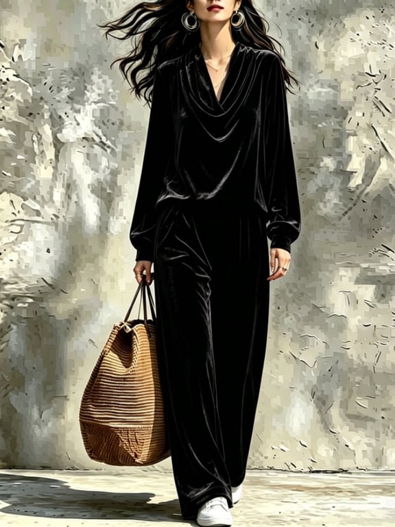 Women's Fall Winter Drop-Shoulder Velvet Top & Straight-Leg Pants Set thumbnail 15