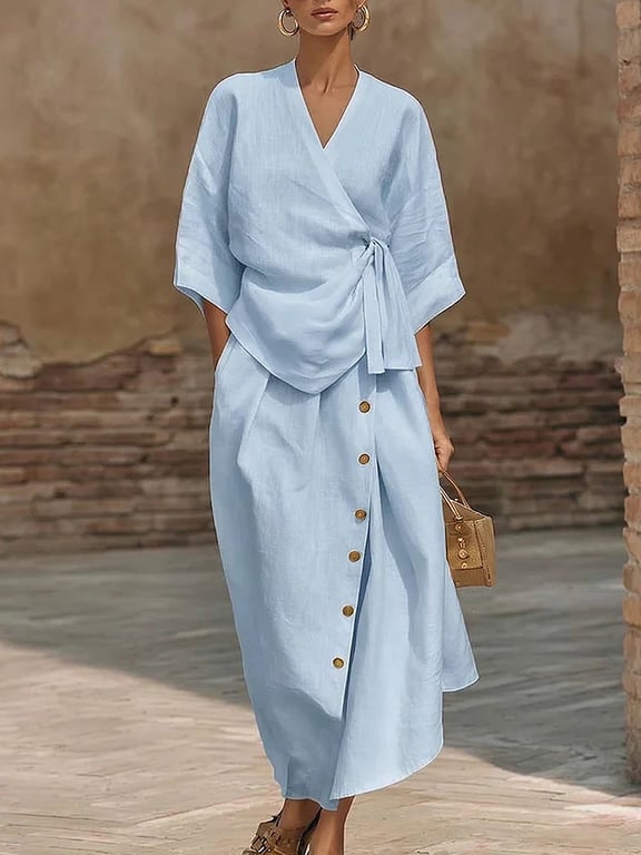 Women's Linen Two-Piece Set | Wrap Top & Button Skirt Canada thumbnail 3