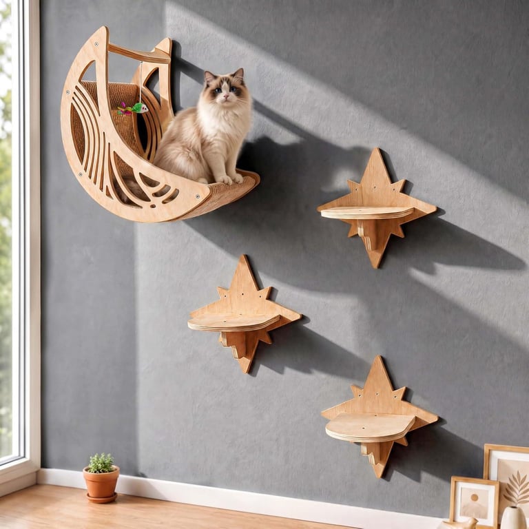 Wooden Star And Moon Hammock Cat Wall Set | Home & Kitchen Pet Furniture thumbnail 9