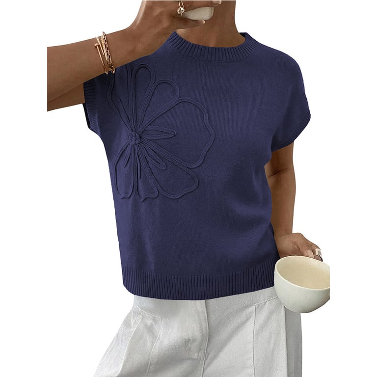 Jacquard Womens Knitted Short-Sleeve Flower Sweater | Soft Casual Top thumbnail 5